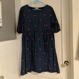 Navy Embroidered Bell Sleeve Dress